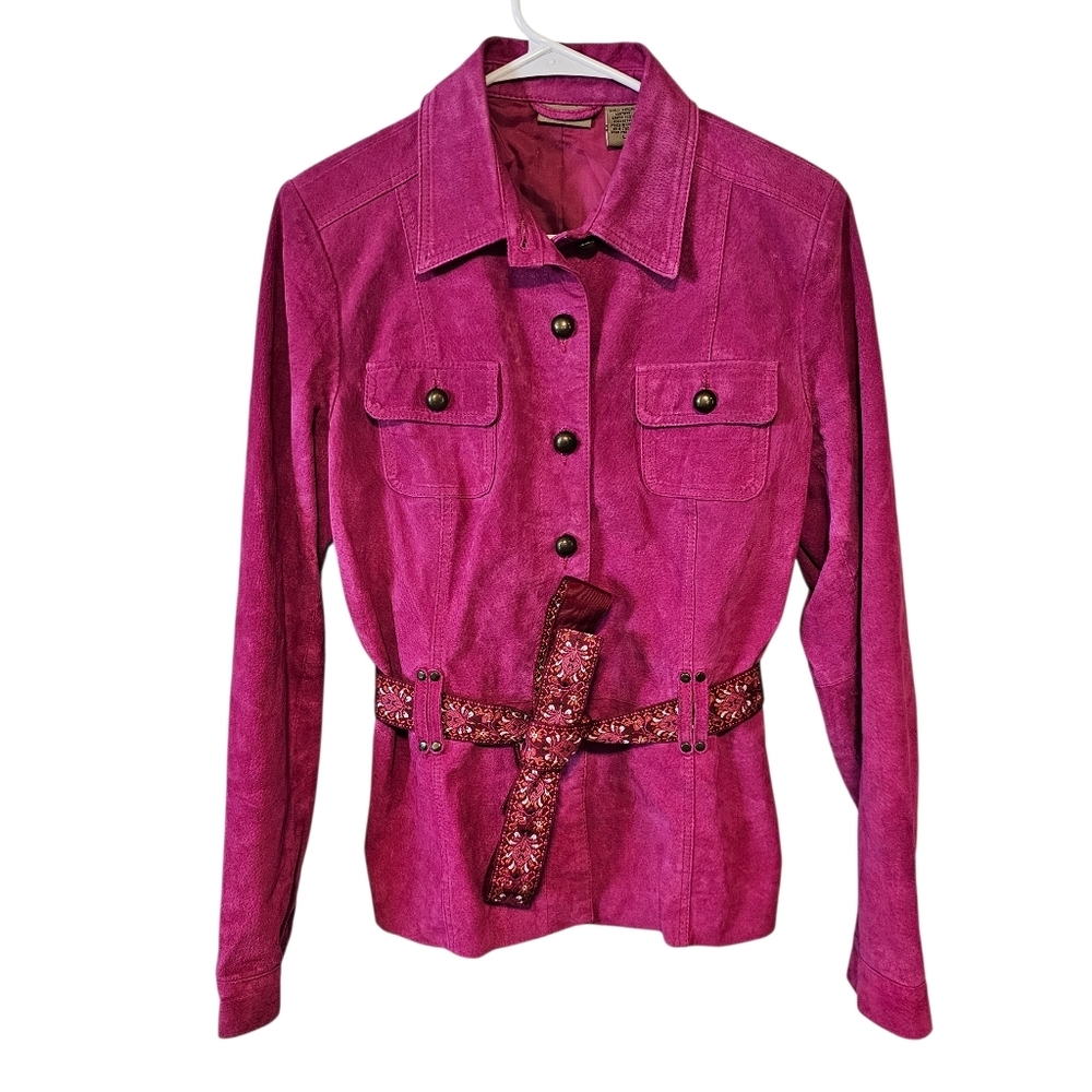Ruff Hewn Barbiecore Hot Pink Leather Button Down Jacket Embroidered Belt